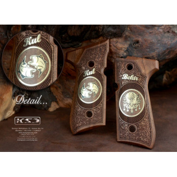 Beretta 92FS, 92, 92F, 92A1, 92FS INOX, 92G, 92D, 96, 96D, 96A1, M9, M9A1 Wooden (Turkish Walnut) Brass Logo (Big) Handgun Grip