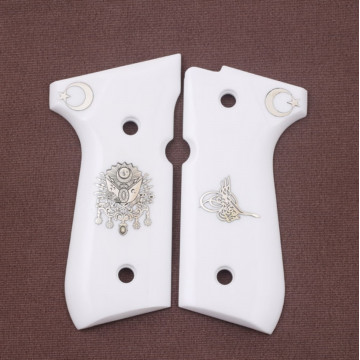 Beretta 92FS, 92, 92F, 92A1, 92FS INOX, 92G, 92D, 96, 96D, 96A1, M9, M9A1 (Acrylic White) Silver Logo (Big) Handgun Grip