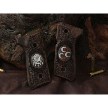 Beretta 92FS, 92, 92F, 92A1, 92FS INOX, 92G, 92D, 96, 96D, 96A1, M9, M9A1 Wooden (Root Walnut) Silver Logo Handgun Grip
