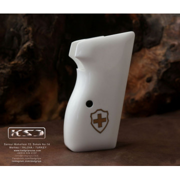 Sig P210-1 / P210-4 / P210-5 / P210-6 / DK M49 - With Lanyard Ring (Kordon Halkalı) (Acrylic White) Brass Logo Handgun Grip