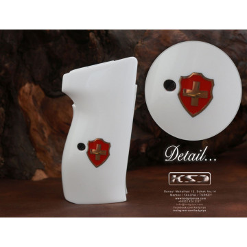 Sig P210-1 / P210-4 / P210-5 / P210-6 / DK M49 - With Lanyard Ring (Kordon Halkalı) (Acrylic White) Brass & Mine Logo Handgun Grip