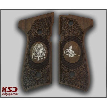 Beretta 92FS, 92, 92F, 92A1, 92FS INOX, 92G, 92D, 96, 96D, 96A1, M9, M9A1 Wooden (Turkish Walnut) Silver Logo Handgun Grip
